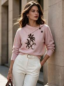 DONICY Fall Clothes For Women Asymmetric Collar Knit Sweater Floral Jacquard Long Sleeve Pullover - Pink - View 9