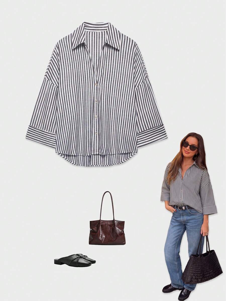 YROOE Women's Autumn & Winter/Spring & Summer French Vintage Casual Versatile Striped Lapel Wide Sleeve Shirt - Charcoal Gray - View 1