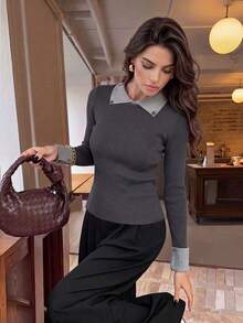 2026 Early Autumn New Colorblock Collared Knit Sweater Women's Elegant Ribbed Slim Fit Long Sleeve Base Layer Top - Grey - View 1