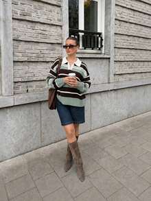 Joy Knit 女款針織毛衣 秋冬時尚新款 百搭上衣 優雅極簡休閒百搭 彩色條紋撞色翻領寬鬆長袖針織上衣 女士辦公穿搭 外出上衣 派對 節日 生日 海灘 - 綠+棕 - 查看 4