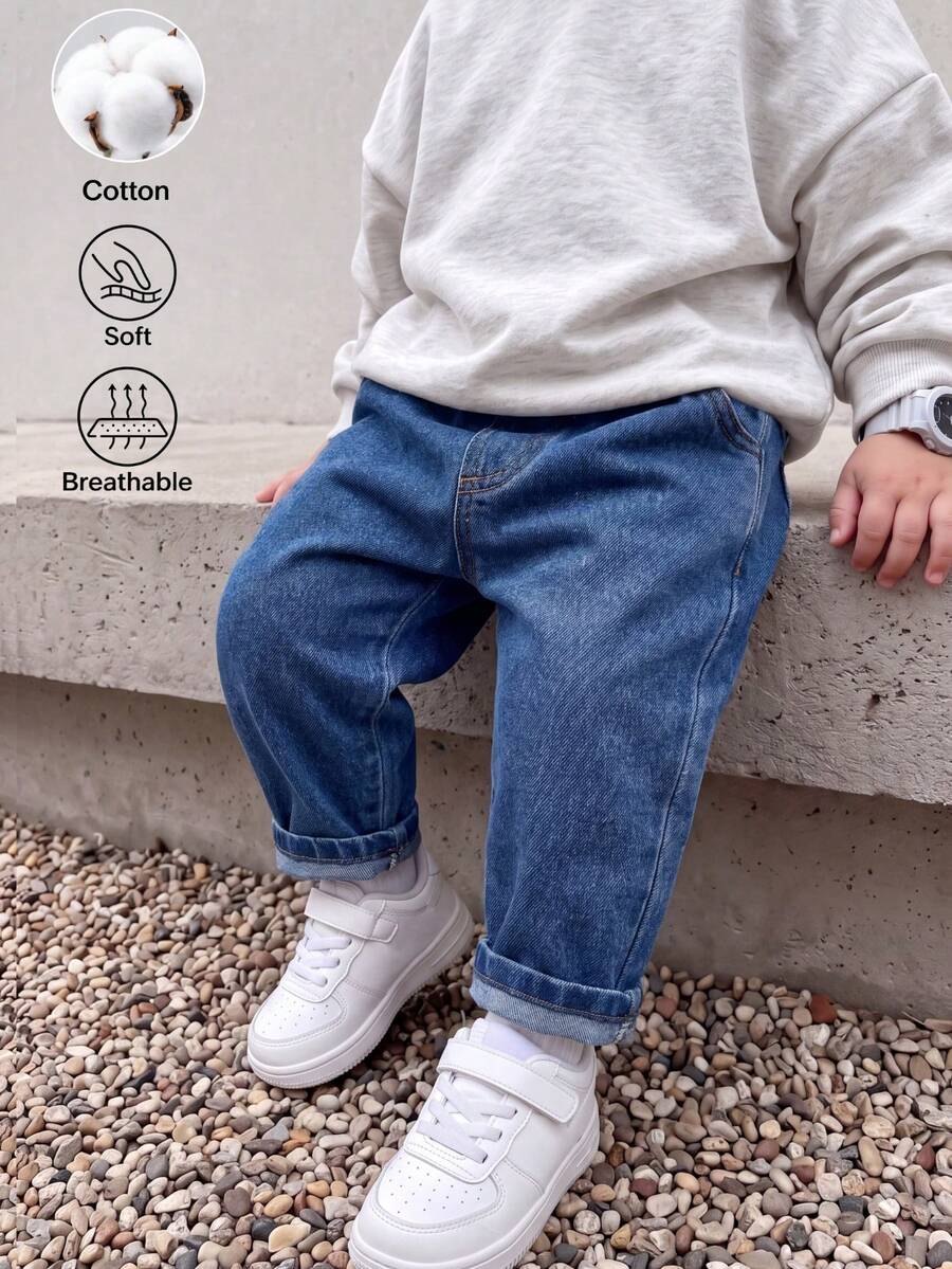 Baby Boys Girls Kids Toddler Long Pants Casual Minimalist Streetwear Comfortable Versatile Outdoor Denim Jeans Long Pants Roll-Up Hem Autumn/Winter Clothing - Navy Blue - View 1