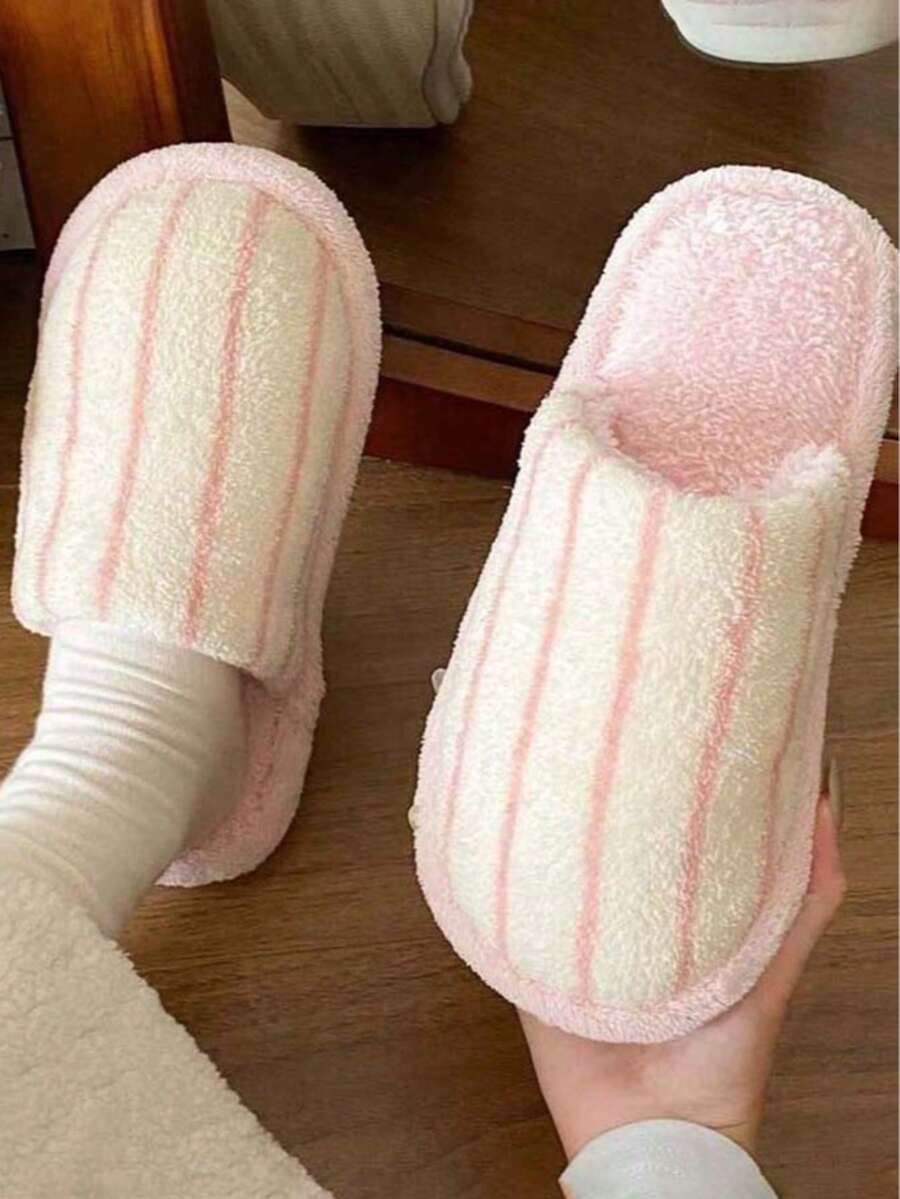 Women's New Autumn/Winter Striped Plush Slippers, Indoor Home Soft Sole Comfortable Warm Floor Slippers - Pink - View 1