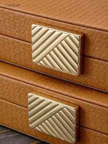 2pcs Cognac Brown Geometric Embossed PU Jewelry Box Set, Gold Wavy Zinc Alloy Metal Clasp, Velvet Lining, Luxury Storage Organizer Box For Bedroom Vanity, Home Decor Wedding Gift - Cognac Brown - View 8