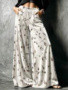 Women's Khaki Daisy Floral Print Wide Leg Pants, High Waist Flowy Loose Fit With Pockets - Multicolor - View 7