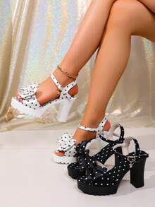 Polka Dot Bow Chunky High Heel 2026 Summer New One-Strap Rhinestone Pendant Decor Peep Toe High Heel Sandals Suitable For Wedding Party Evening Gala Stage Show Daily Wear - Black - View 3