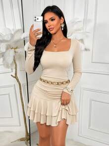 AIJ Women's Apricot Square Neck Long Sleeve Ruched Fitted Double Layer Ruffle Hem Short Dress, Elegant & Fashionable, Suitable For Daily, Commute, Party, Night Out, Wedding Guest, Graduation, Autumn/Winter, Thanksgiving - Apricot - View 5