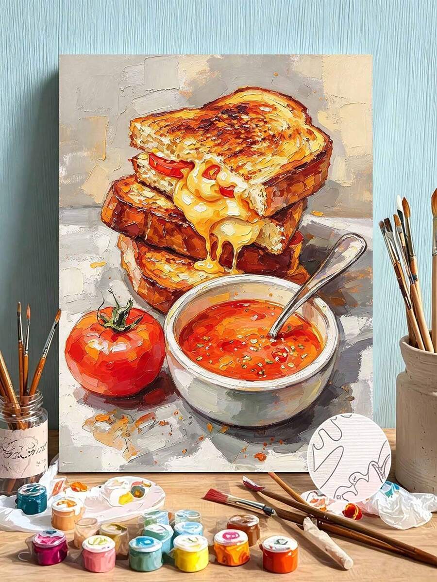 DIY Paint By Numbers Kit, Grilled Cheese Sandwich Tomato Soup Food Still Life Canvas Painting, Unframed Home Wall Decor Art - A - View 1