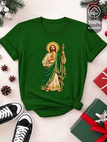 Camiseta de Dama 100% Algodón Manga Corta Cuello Redondo con Estampado de Navidad con diseño de santo con halo dorado, diciembre, festividades, fiestas decembrinas - Verde - Ver 2