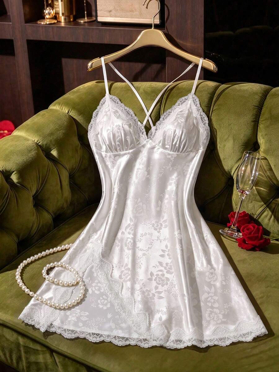 Sexy Women's Floral Solid Color Nightgown, Deep V-Neck Lace Patchwork, Asymmetrical Hem, Comfortable Charming Loungewear