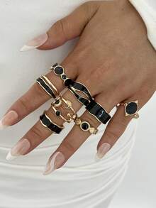 17KM 8pcs Simple Fashion Personalized Oil Drop Sun Moon Star Geometric Pattern Ring Set For Women, Sisters, Vacation, Date, Gift, Daily Casual, Party, Wedding, Matching, Mom, Friends - Style 1 - View 3