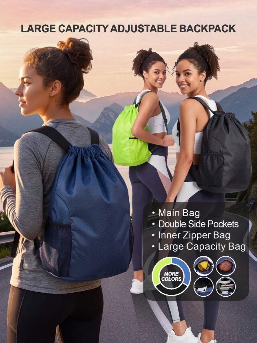 ALPHARD BEAR 1pc Large Capacity Drawstring Backpack Gym Bag, Lightweight Sports Drawstring Bag With Side Pockets And Inner Zipper, Unisex Portable Fitness Backpack, Training Shoulder Bag Storage, Suitable For Gym, Swimming, Beach, Basketball, Outdoor Travel, School Sports Accessories