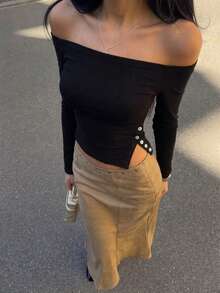 Women's Square Neck Long Sleeve Square Neck Bell Sleeve Cropped Slim Fit American Style T-Shirt - Black - View 2