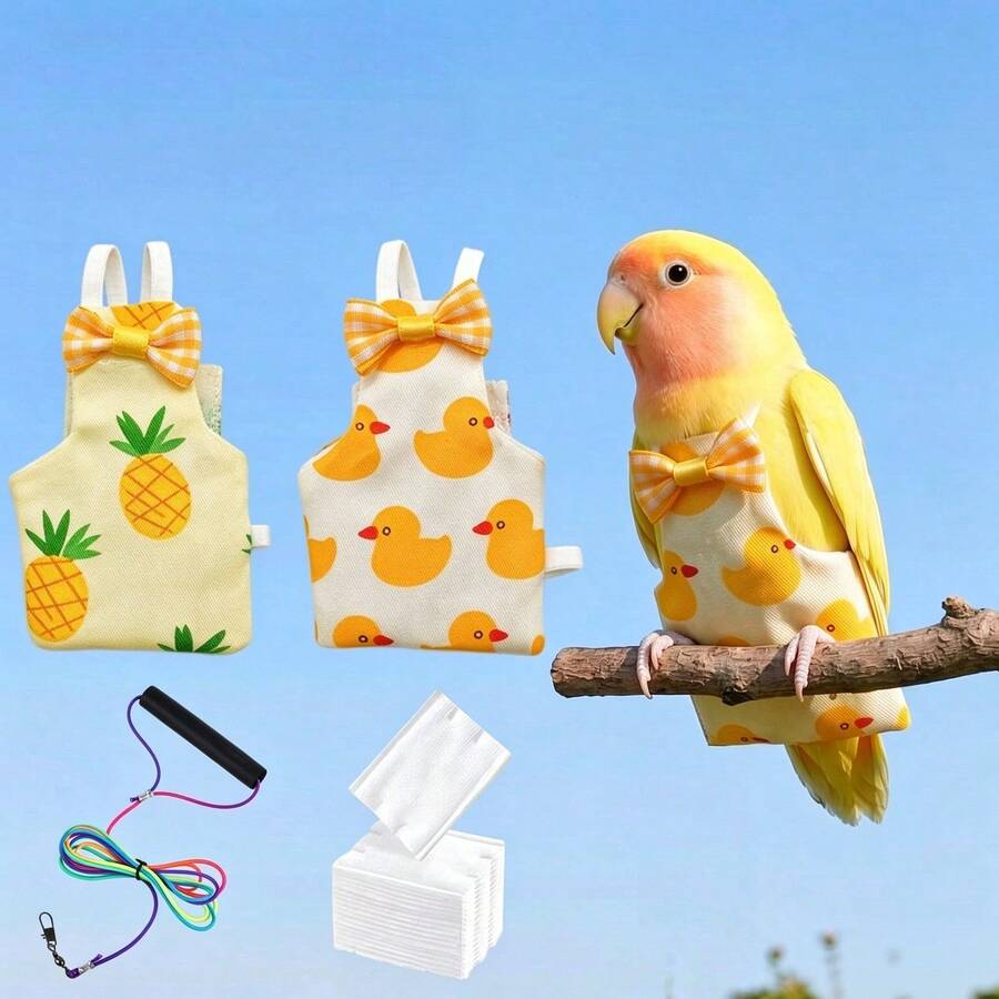 3件組鸚鵡鳥尿布，6款可愛水果花色，可水洗重複使用，防水內層，柔軟小型寵鳥飛行服，鳥類排便收集器，適用於：爪哇雀、鸚鵡、小葵花鸚鵡、太陽錐鸚鵡、僧侶鸚鵡、八哥，鳥尿布/鳥用品，圖片顯示詳細款式，尺寸請參考圖2尺寸表
