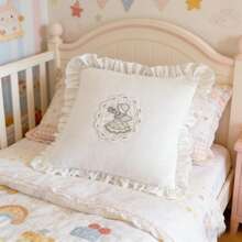 Vintage Girl Applique Embroidered Cushion Cover With Ruffle Trim And Lace Detail, White Romantic Decorative Pillow Cover For Sofa, Bedroom & Cottagecore Home Decor, 35x35cm - Multicolor - View 3