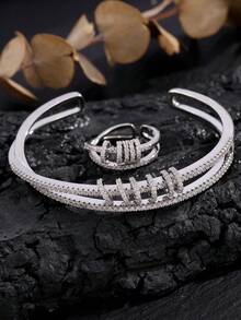 rakol 2pcs Gold Personalized Zirconia Bracelet & Ring Set, Double Row Zirconia Open Cuff Bracelet With Circle Decor, Geometric Pave Ring, Suitable For Women's Elegant Party Wear - Double-row Winding - View 3