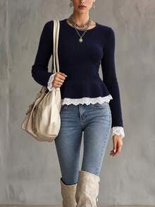 Women's Ribbed Knit Ruffle Hem Sweater, Contrast Lace Trim, Autumn/Winter Long Sleeve Flared Hem Pullover - Royal Blue - View 1