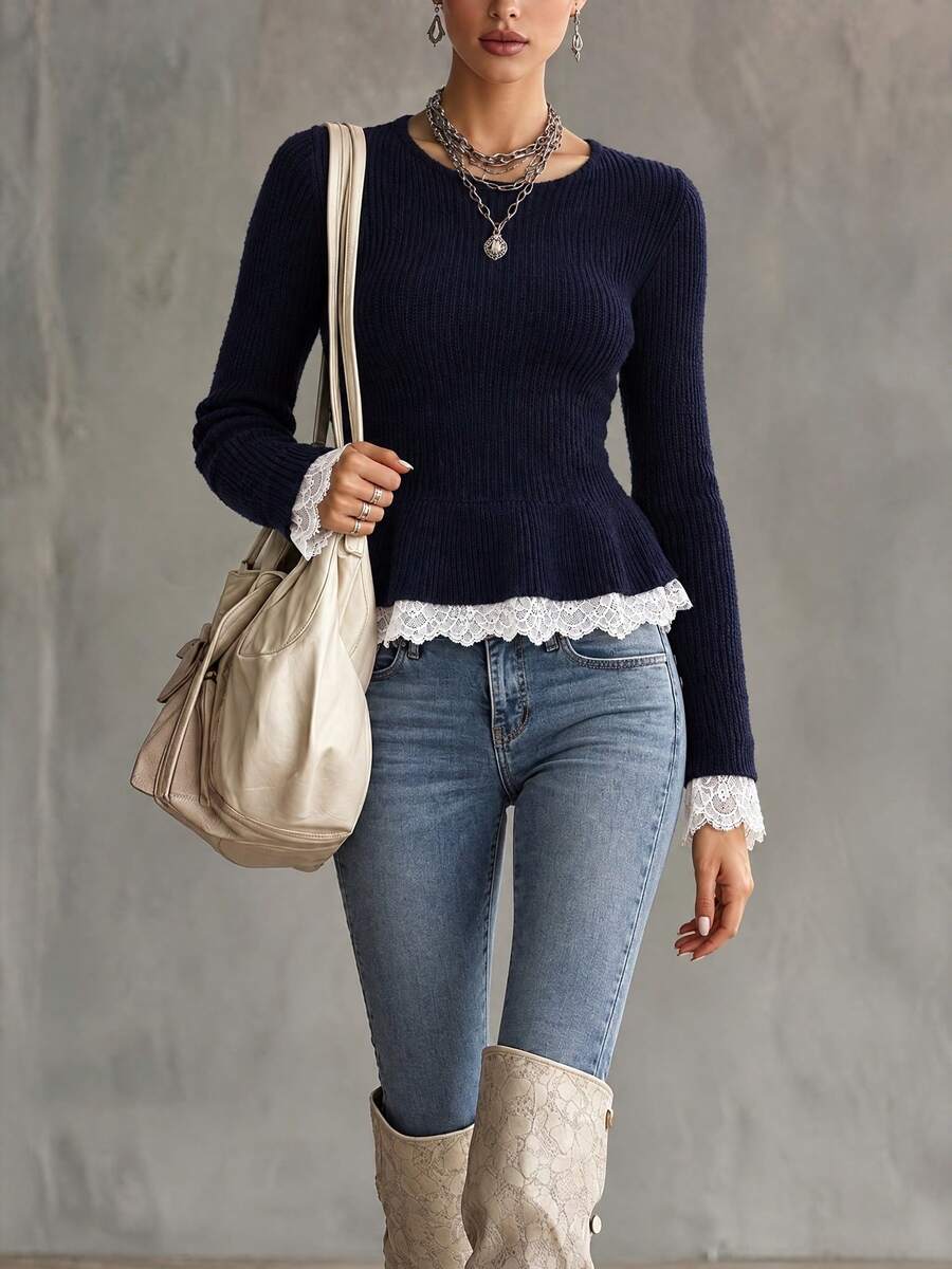 Women's Ribbed Knit Ruffle Hem Sweater, Contrast Lace Trim, Autumn/Winter Long Sleeve Flared Hem Pullover - Royal Blue - View 1