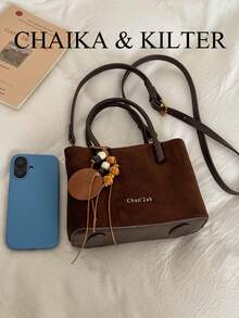 1pc Suede Fabric Square Handbag Suitable For Commuting, Shopping, Etc. (With Pendant) - Coffee - View 4