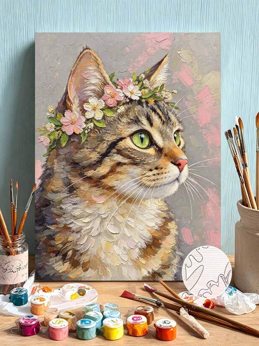 Bộ kit vẽ tranh theo số DIY, tranh canvas mèo mướp đeo vương miện hoa, tranh trang trí tường nhà không khung - A - Xem 1