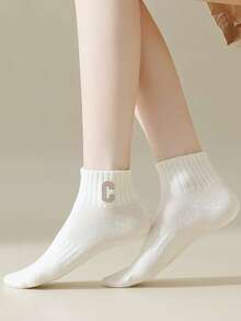 4 Pairs Women Letter C Pattern Mid-Calf Socks, Ribbed Soft Daily Casual Socks, Multi Colors - Multicolor - View 5