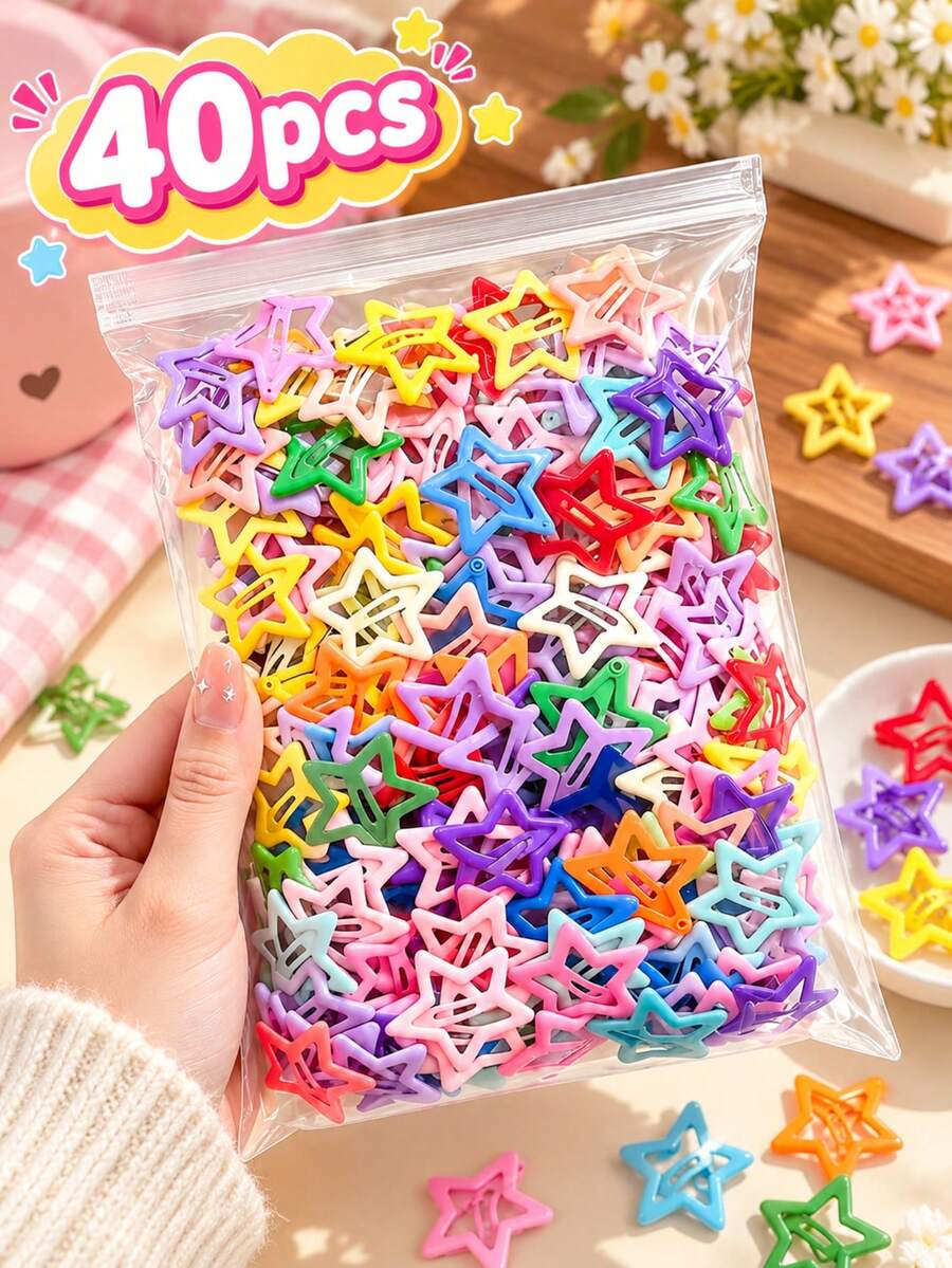 40pcs Elegant & Cute Star Hair Clips Set, Dopamine Colorful Oil Drip Y2K Bangs Clips, Five-Pointed Star BB Clips, Sweet & Cute Side Hair Clips, Durable & Non-Slip, Tidy Loose Hair, Suitable For Daily Styling And Vacation Wear <Random Color/Style Delivery> - Multicolor - View 1