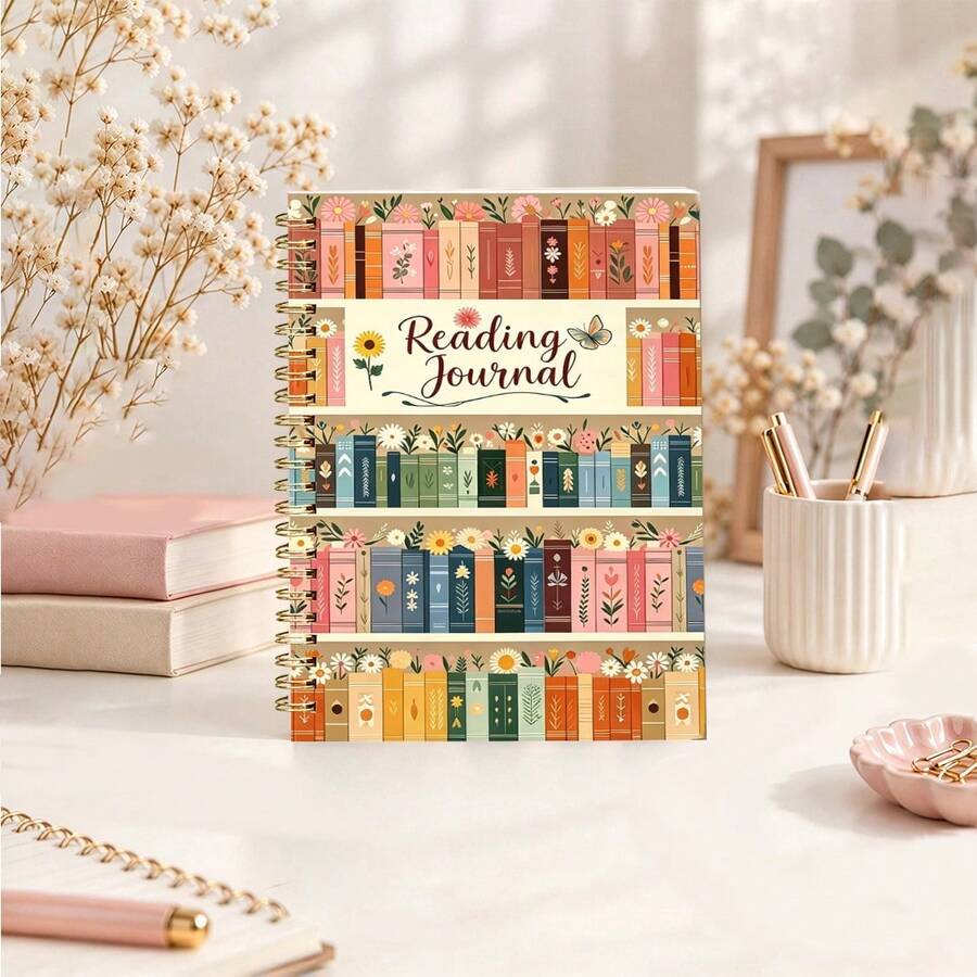 1pc 14*21cm Back To School Aesthetic Reading Journal - Bookshelf Theme Notebook | Reading Plan Tracker | For Reviewing And Tracking Reading Progress | Paper | Suitable As A Gift For Book Lovers And Friends - Bookshelf Theme - View 1