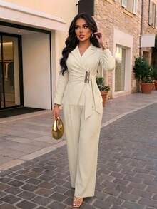 AIJ Autumn/Winter Women's Elegant Lapel Blazer And Wide Leg Pants Two Pieces Set, Decorated With Fashionable Button Details, Apricot Chic Business Commute Social Party Guest, Thanksgiving New Year - Apricot Color - View 8
