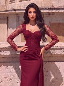 Romantic Long Burgundy Dress, Exquisite Lace Sleeves, Square Neck, Corset-Style Bodice Design, Creating A Charming Look - Burgundy - View 8