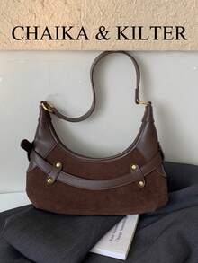 1pc Minimalist Fashion Buckle Design Suede Fabric Shoulder Bag, Suitable For Commuting, Shopping And More - Coffee - View 5