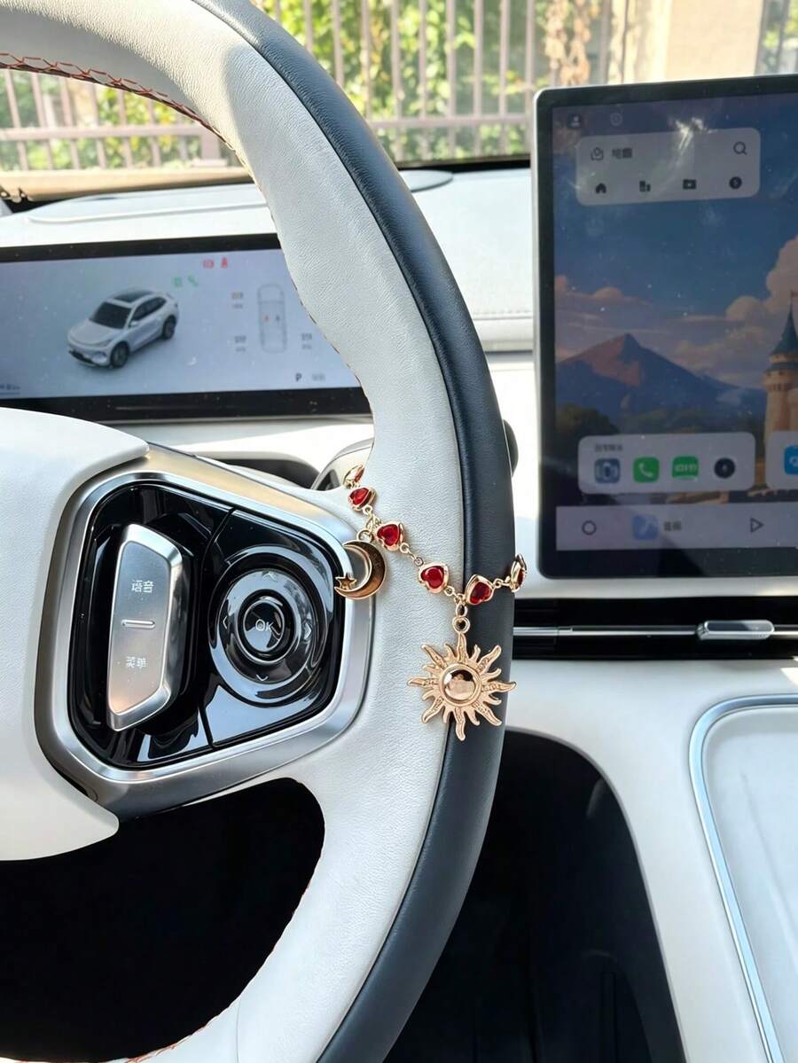 Creative Strawberry Mushroom Car Steering Wheel Decorative Chain, Red Heart Rhinestone Beaded Chain With Sun And Moon Car Interior Decoration, Personalized Car Interior Decorative Chain Pendant, Car Interior Decoration Gift