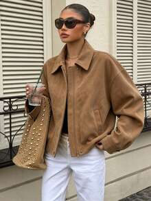 Women's Winter Jacket, Brown Loose Collar Jacket, Long Sleeve, Button Decor, With Pockets, Autumn Outfit Choice, Suitable For Daily Wear - Khaki - View 3