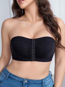 Plus Size Women's Strapless Bandeau Bra, Front Buckle Ruched Design + Hollow Back, Non-Slip Support Seamless Bandeau Bra, Suitable For Evening Dress, Party, Daily Wear - Black - View 4