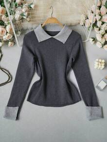 2026 Early Autumn New Colorblock Collared Knit Sweater Women's Elegant Ribbed Slim Fit Long Sleeve Base Layer Top - Grey - View 8