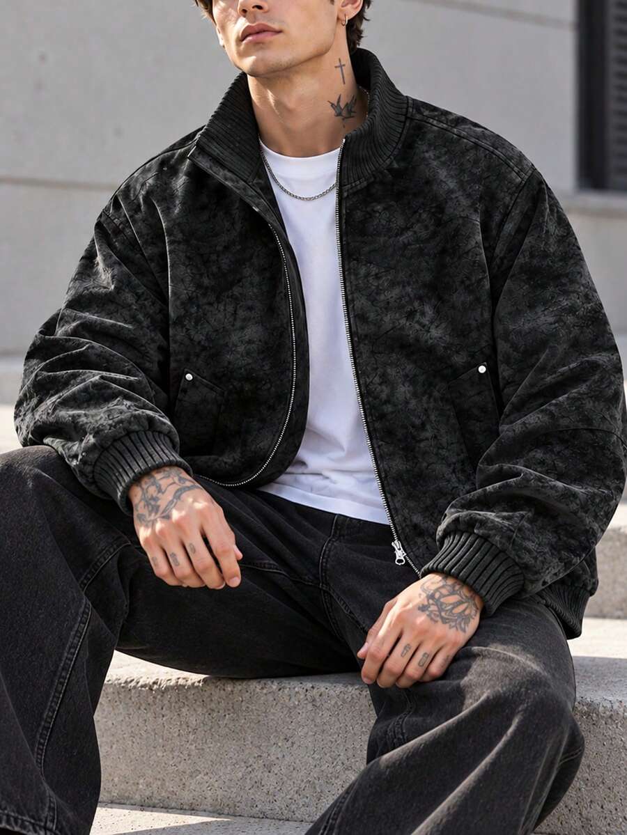 Men's Autumn/Winter Zipper Baseball Jacket | Stand Collar, Vintage Distressed Faux Suede Texture, Ribbed Cuffs & Hem, Side Pockets + Inner Pockets, Casual Streetwear Jacket - Black - View 1