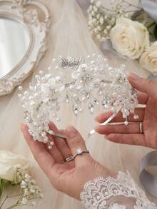 1pc Handmade Faux Pearl & Rhinestone Floral Bridal Headband, Elegant Crystal Leaf Crown Tiara Wedding Hair Accessories For Bride Prom - Multicolor - View 7