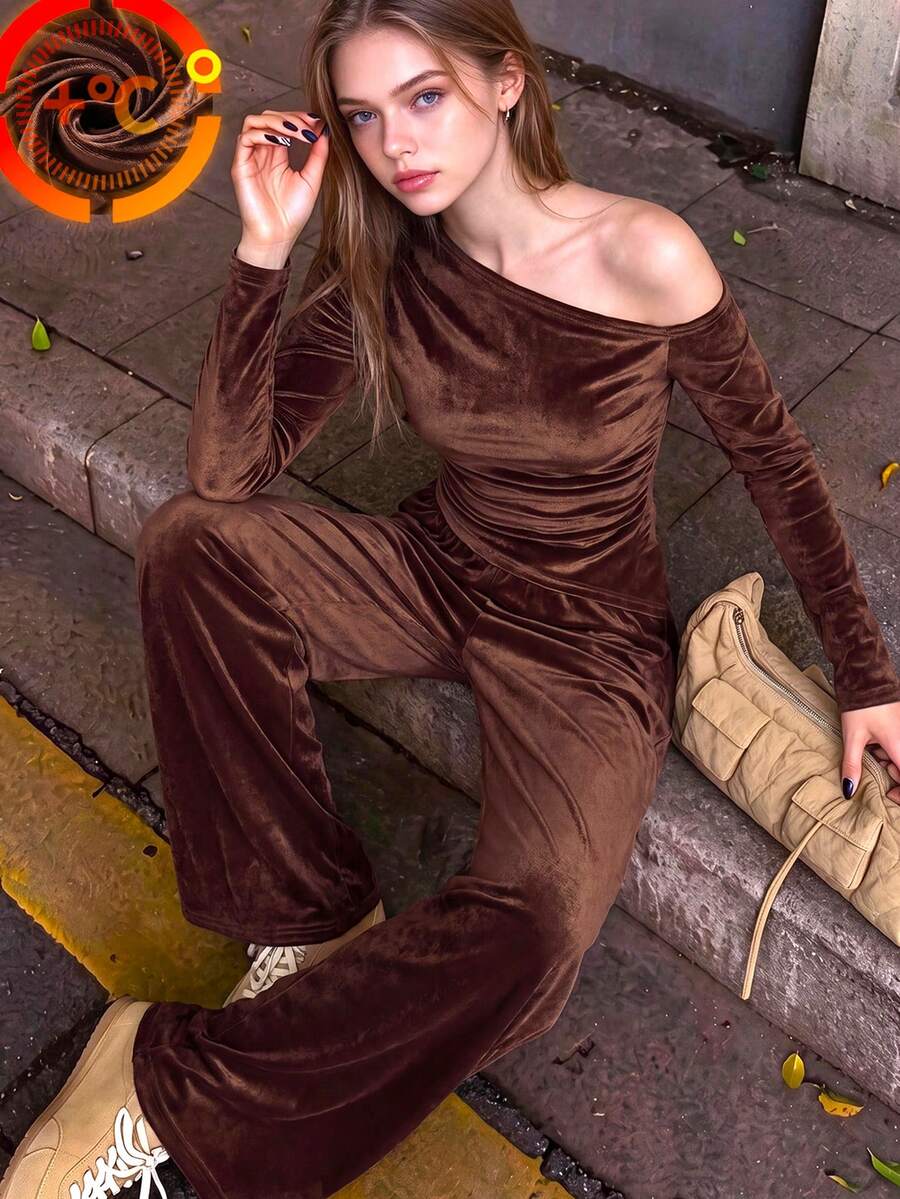 Lurzo 時尚女孩秋冬百搭軟絨兩件套,棕色不對稱荷葉邊袖上衣與寬鬆寬腿褲套裝 - 棕色 - 查看 1