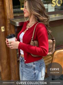 Plus Size Women's New Autumn Elegant Casual Thin Knit Cardigan, Solid Color Round Neck Long Sleeve Single Button, Minimalist Commute Knit Cardiga - Red - View 6