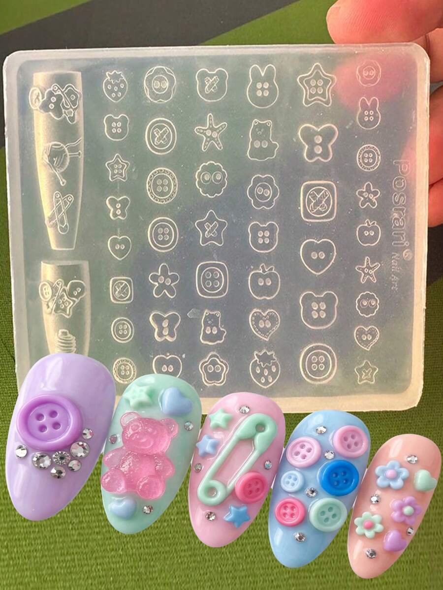 1Pc Kawaii 3D Nail Silicone Mold, Cute Button Bear Rabbit Flower Star Heart Design, Soft Reusable Clear Nail Art Carving Template, DIY Nail Charms Making Tool For Summer Sweet Y2K Nail Decorations - Multicolor - View 1
