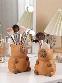 1pc/2pcs Adorable Capybara Shaped Makeup Brush Vase, Dual-Use Cosmetic Organizer Bucket & Pen Holder For Desk, Multifunctional Storage For Beauty Tools And Office Supplies, Home Vanity Decor - Multicolor - View 7