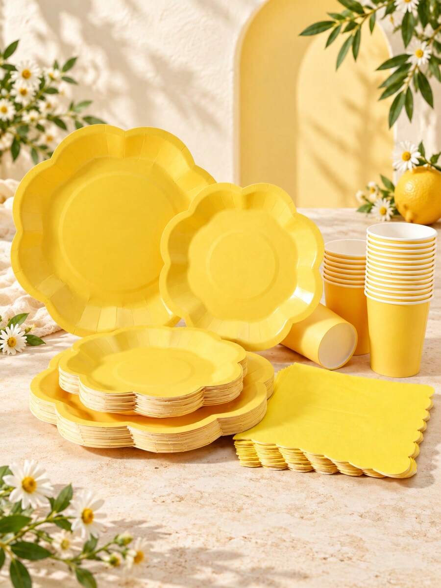 Yellow Octagon Flower Petal Disposable Tableware Set, Suitable For Holiday Parties And Group Dining - Yellow - View 1