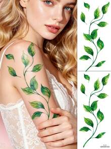 2 Large Temporary Tattoo Stickers - Realistic Green Leaves, Waterproof Body Tattoos, Suitable For Neck, Shoulders, Arms - Long-Lasting Fake Plants, Suitable For Parties, Events, Daily Wear - Easy To Apply And Remove - Body Art, Party Accessories - Green - View 5