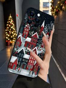 1pc 2D Printed Christmas Town Pattern, Popular Creative Premium Design, Waterproof Durable Dust-Proof Fashion Minimalist With Camera Protection Black Matte Texture Full Coverage Protective Phone Case, Compatible With: 18Pro Max/17Pro Max Phone Case/18Pro/17/17Pro/16promax/16/15/14/13/12/11/7/8/XR/XS/All Plus/Pro/Pro Max Series; Galaxy - Black - View 3