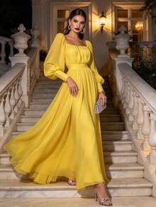 Joyfunear Women's Solid Color Sweetheart Collar Simple Casual Lantern Sleeve Oversized Hem Dress Spring Elegant - Yellow - View 1