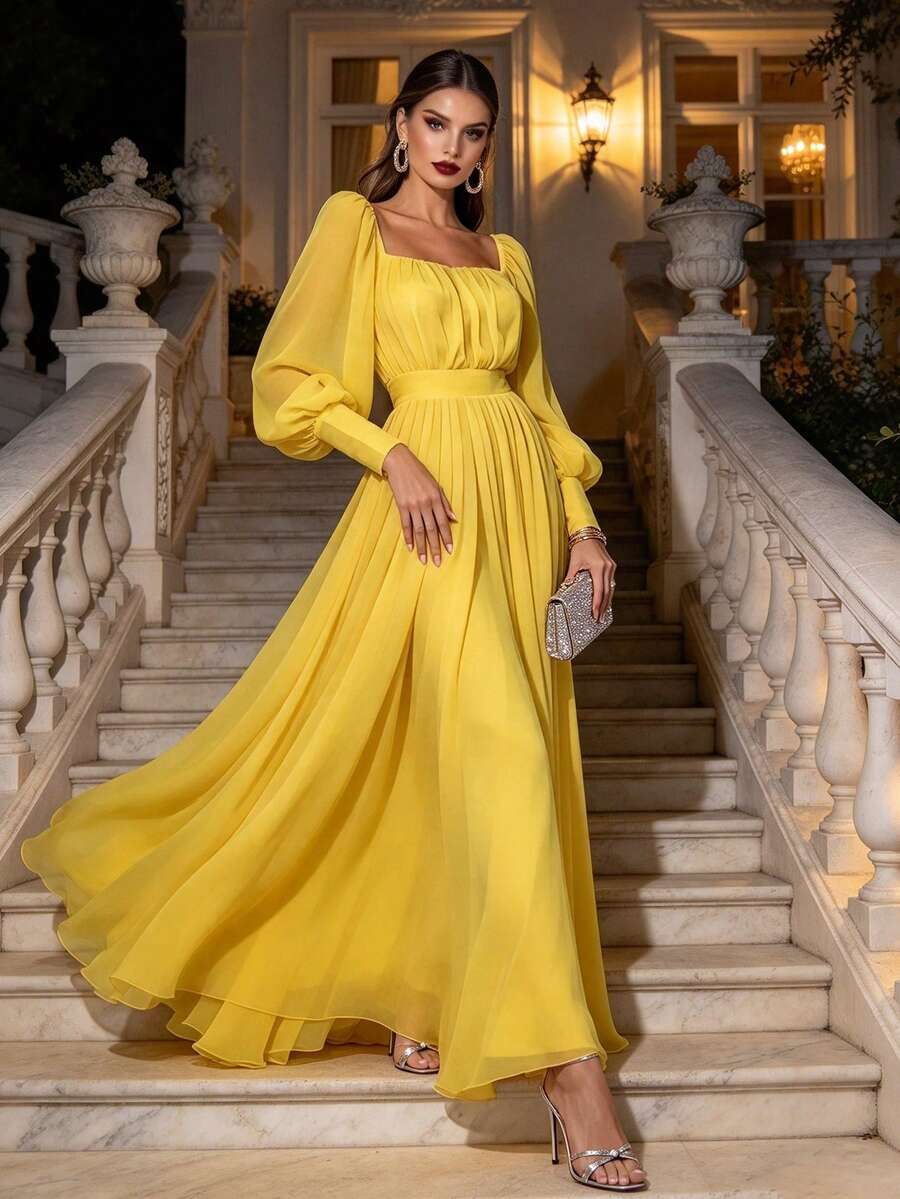 Joyfunear Women's Solid Color Sweetheart Collar Simple Casual Lantern Sleeve Oversized Hem Dress Spring Elegant - Yellow - View 1