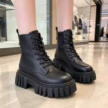 Fashion Women's Black Boots, Spring/Autumn/Winter New Versatile Motorcycle Ankle Boots, Lace-Up, Lightweight For Travel Or Daily Wear - Black - View 4