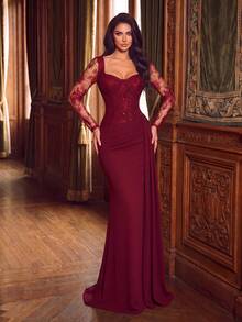 Romantic Long Burgundy Dress, Exquisite Lace Sleeves, Square Neck, Corset-Style Bodice Design, Creating A Charming Look - Burgundy - View 1