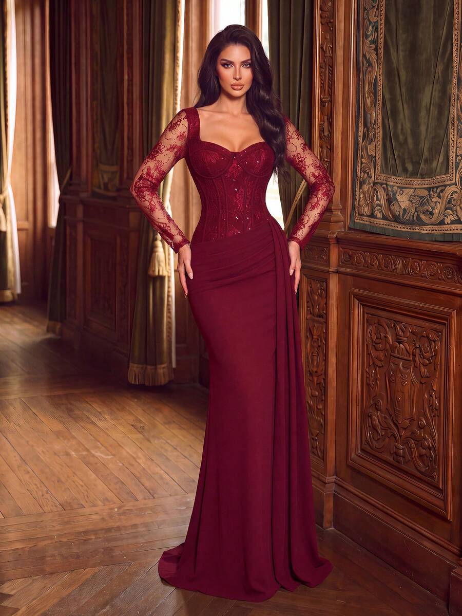 Romantic Long Burgundy Dress, Exquisite Lace Sleeves, Square Neck, Corset-Style Bodice Design, Creating A Charming Look - Burgundy - View 1