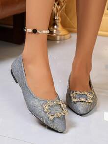 Women's Pointed Toe Rhinestone Square Buckle Flat Shoes, Slip On Casual Dress Shoes - Grey - View 3