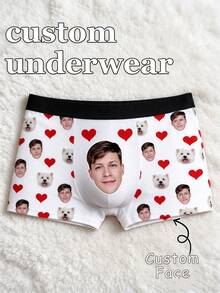 1pc Men's Custom Face Heart Dog Print Elastic Waistband Soft Stretchy Boxer Briefs Daily Underwear - White - View 1