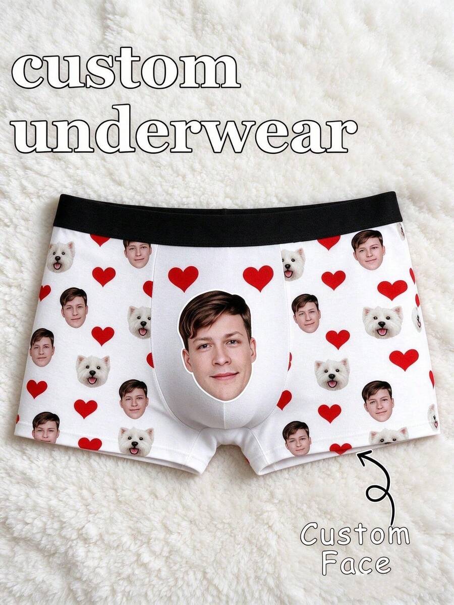 1pc Men's Custom Face Heart Dog Print Elastic Waistband Soft Stretchy Boxer Briefs Daily Underwear - White - View 1